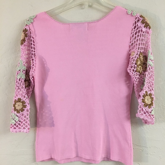 Vintage Joseph A Floral Crochet 3/4 Sleeve Blouse Small Pink Stretch - Picture 7 of 7